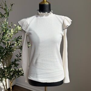 LOFT Cream Ruffled Long Sleeve Blouse